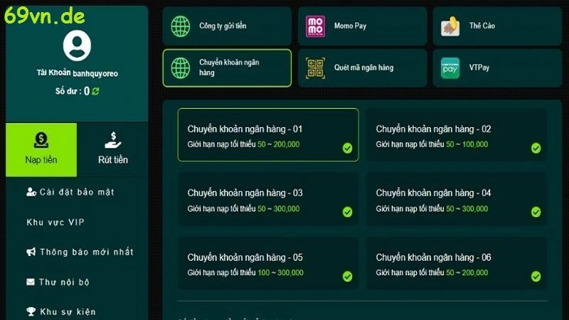 Nạp tiền 69vn thông qua thẻ ngân hàng