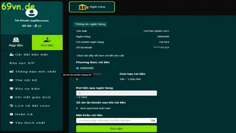 Hướng dẫn cách rút tiền 69vn
